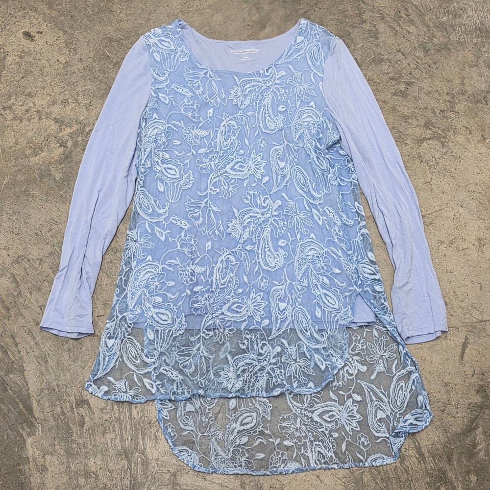 Soft Surroundings Paisley Lace Overlay Long Sleeve Top Periwinkle Blue Women's M